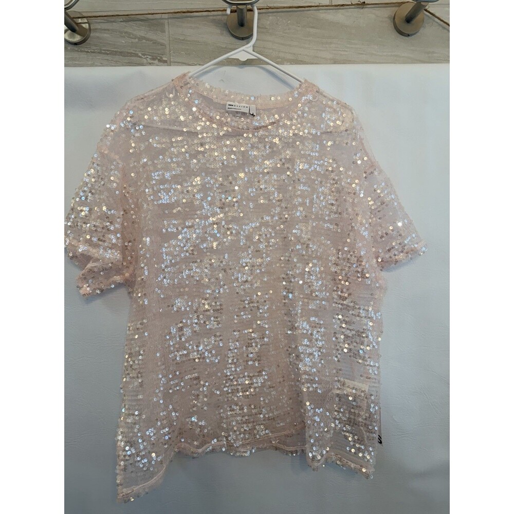 ASOS DESIGN Women’s Pink Sequin Mesh Short Sleeve Round Neck Top M
